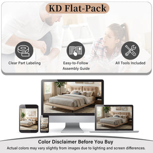 Queen Size Upholstered Floating Bed Frame with LED Lights, Khaki