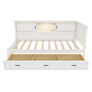 Twin Size L - Shaped Captain Bed With Drawer And Bookcase, LED Downlight And USB Charging Station - White