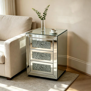 3 Drawer Nightstand With Glass Accents, Bedside Table For Bedroom - Silver