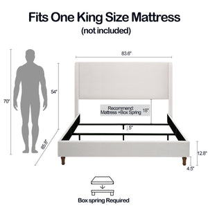Hayden King Size Upholstered Wingback Bed with Textured Ivory Canvas and Tall 54' Headboard