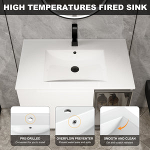 30" Wall-Mounted Bathroom Vanity With Ceramic Sink, Glossy