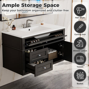 36" Wall Mounted Bathroom Vanity with Ceramic Sink and Storage