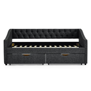 Upholstered Tufted Daybed With 2 Drawers, Waved Arms