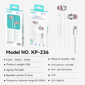 KP-236 Best-selling In-Ear Wired Headphones USB-C Universal For Phones PCs Heavy Bass High Audio Quality In-Line Controls In Stock