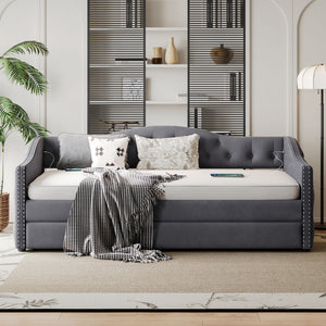 Twin Size Upholstered Daybed With Trundle And USB Charging Design For Bedroom - Gray