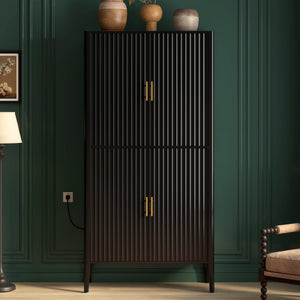 U_STYLE Modern Fluted Wine Cabinet with Glass Display & Stemware Rack