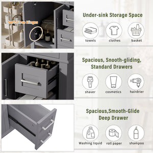 Modern Bathroom Vanity With Sink, Storage Cabinet, Soft Close Doors, Deep & Standard Drawers