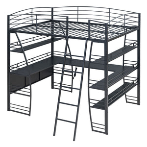 Loft Bed With 4 Layers Of Shelves And L-Shaped Desk, Stylish Metal Frame Bed With A Set Of Sockets, USB Ports And And Wireless Charging