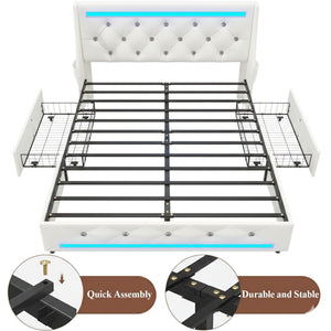 Wingback Upholstered Bed Frame With LED Lights, Charging Station
