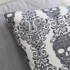 Gothic Damask Skull Throw Pillow – Black & White Cotton Linen