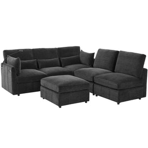 Modern Modular U-Shaped Sofa Bed With Movable Ottoman, USB Ports, Phone Holder