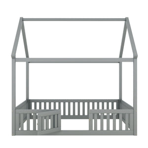 Wood House Bed With Fence And Door