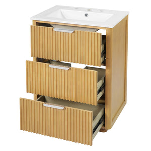 Bathroom Vanity With Sink, Open Shelf & Closed Storage - Natural Wood