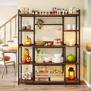 Baker's Rack With Hutch, 5 Tier Kitchen Storage Shelf, Freestanding Utility Pantry Organizer With Hooks And Microwave Stand - Black
