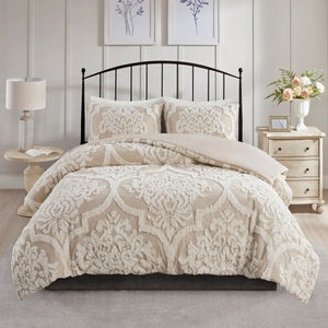 3 Piece Tufted Cotton Chenille Damask Comforter Set Taupe King/Cal King