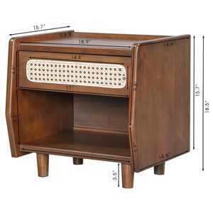 Walnut Nightstand with Rattan Detail, MDF + Solid Wood