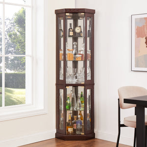 Corner Glass Cabinet Lighted Curio Cabinet in Dark Cherry