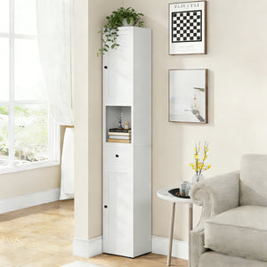 Tall Bathroom Storage Cabinet, 5-Tier Narrow With 2 Doors & Adjustable Shelves, Freestanding - White