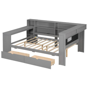 Platform Bed With Upholstered Headboard, Storage Shelves, Drawers, Charging Station, LED Lighting, Built In Desk