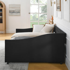 Upholstered Tufted Daybed With 2 Drawers, Waved Arms