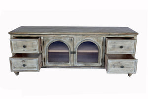 60" Farmhouse TV Stand with 4 Drawers & 2 Glass Doors
