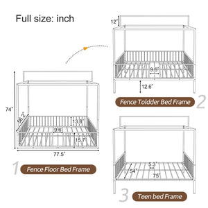 3 In 1 Convertible Montessori Floor Bed With Fenced Support