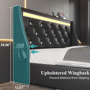 Wingback Upholstered Bed Frame With LED Lights, Charging Station