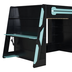Full Size Wood Loft Bed with Desk, Multi-storage Shelves and RGB Light