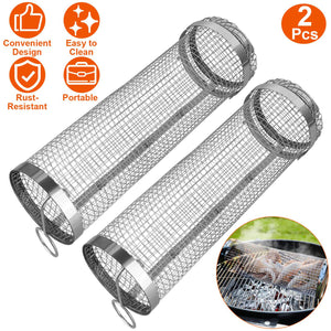 2Pcs 3.42x11.61Inch Portable BBQ Rolling Basket Round Stainless Steel Grill Mesh Barbecue Net Tube with Removable Cover Outdoor Camping
