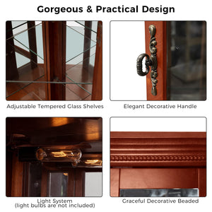 Corner Curio Cabinet With Lights, Adjustable Tempered Glass Shelves, Mirrored Back, Display Cabinet (E26 Light Bulb Not Included)
