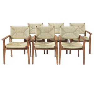 5-Piece Outdoor Dining Set: Teak Finish Round Acacia Wood Table & 4 Wicker Armchairs
