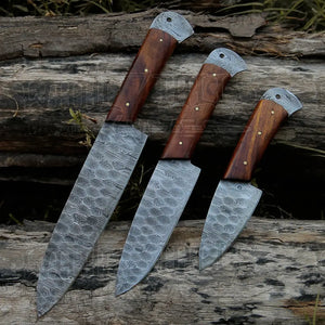 Damascus 3 Piece Chef Knife Set & Leather Roll