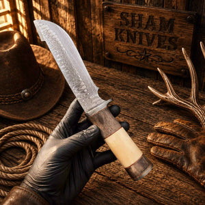 Trailing Point Black Widow Bowie – Damascus, Bone & Leather Sheath