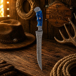 Blue Mesa Damascus Steel Fillet Knife – Resin Handle & Leather Sheath