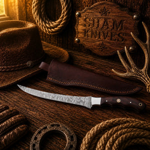 Old Angler Damascus Steel Fillet Knife – Rosewood Handle & Sheath