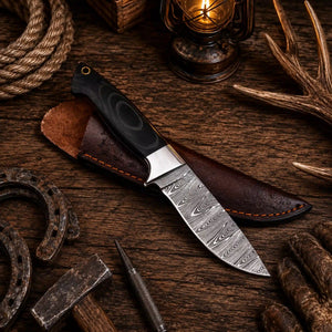 G10 Fixed Blade Outdoor Camping Hunting EDC Knife – Damascus Blade With Leather Sheath