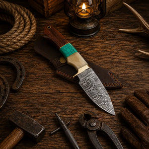 Custom Damascus Hunting Knife – Turquoise & Rosewood Handle
