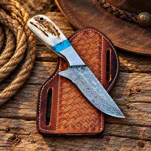 Handmade Raindrop Damascus Cowboy Knife with Antler Horn, Turquoise Handle & Leather Sheath