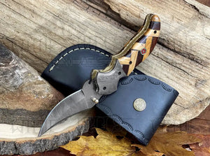 Damascus Steel Folding Pocket Knife - 7.5" Handmade Gift Knife with Olive & Dark Wood Handle - Camping Pocket Knife