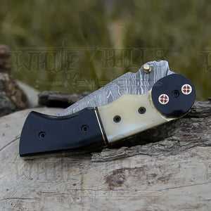 Damascus Steel Folding Pocket Knife - 8" Handmade Gift Knife with Camel Bone & Resin Handle - Camping Pocket Knife