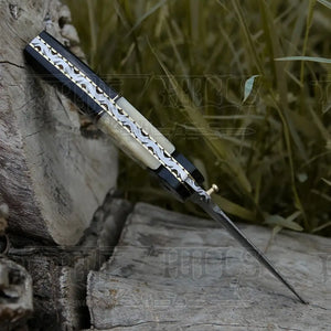 Damascus Steel Folding Pocket Knife - 8" Handmade Gift Knife with Camel Bone & Resin Handle - Camping Pocket Knife