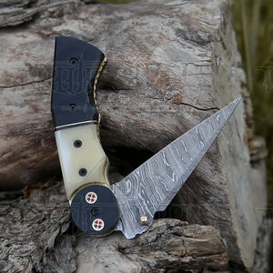 Damascus Steel Folding Pocket Knife - 8" Handmade Gift Knife with Camel Bone & Resin Handle - Camping Pocket Knife