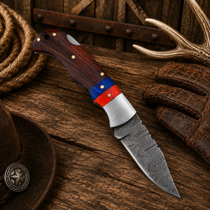 6.5" Damascus Steel Folding Pocket Knife – Wood Handle & Leather Sheath