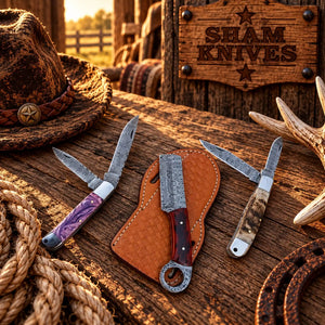 Damascus Trapper Folding & Bull Cutter Knife Set – Resin and Sheep Horn