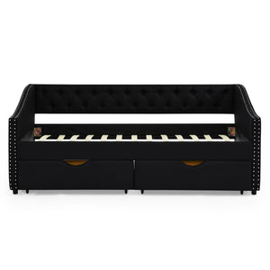 Upholstered Tufted Daybed With 2 Drawers, Waved Arms