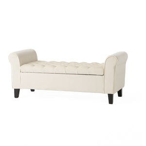 Ivory Fabric Storage Bench with Rolled Arms