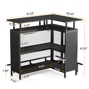L Shaped Home Mini Bar Table With 2 Tier Shelves & Glass Racks - Black