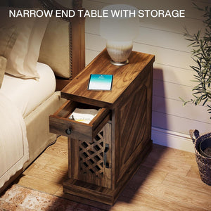 Narrow End Table With Drawer & Cabinet, Nightstand For Small Spaces - Brown