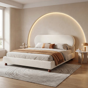 Cream-Colored Boucle Upholstered Bed with Rubber Wood Foot, King