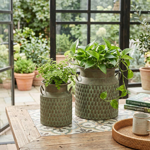 S/2 Iron Milk Jug Planters with Textured Green Finish